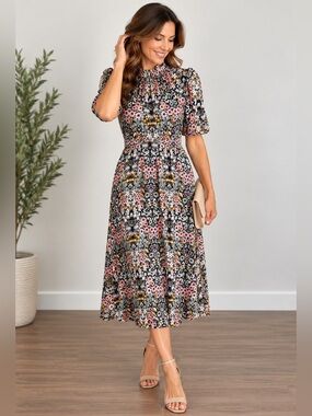 julia jordan Black Floral Midi Dress with Pink & Yellow Accents
